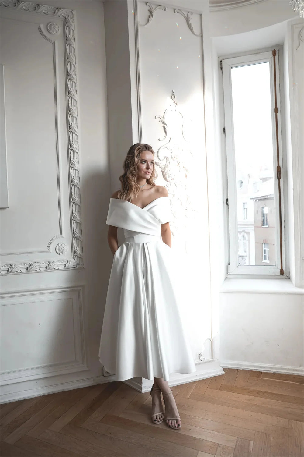 White Satin Prom Dresses Off the Shoulder A-line vestidos de noche Elegant Sleeveless Ankle-Length Formal Evening