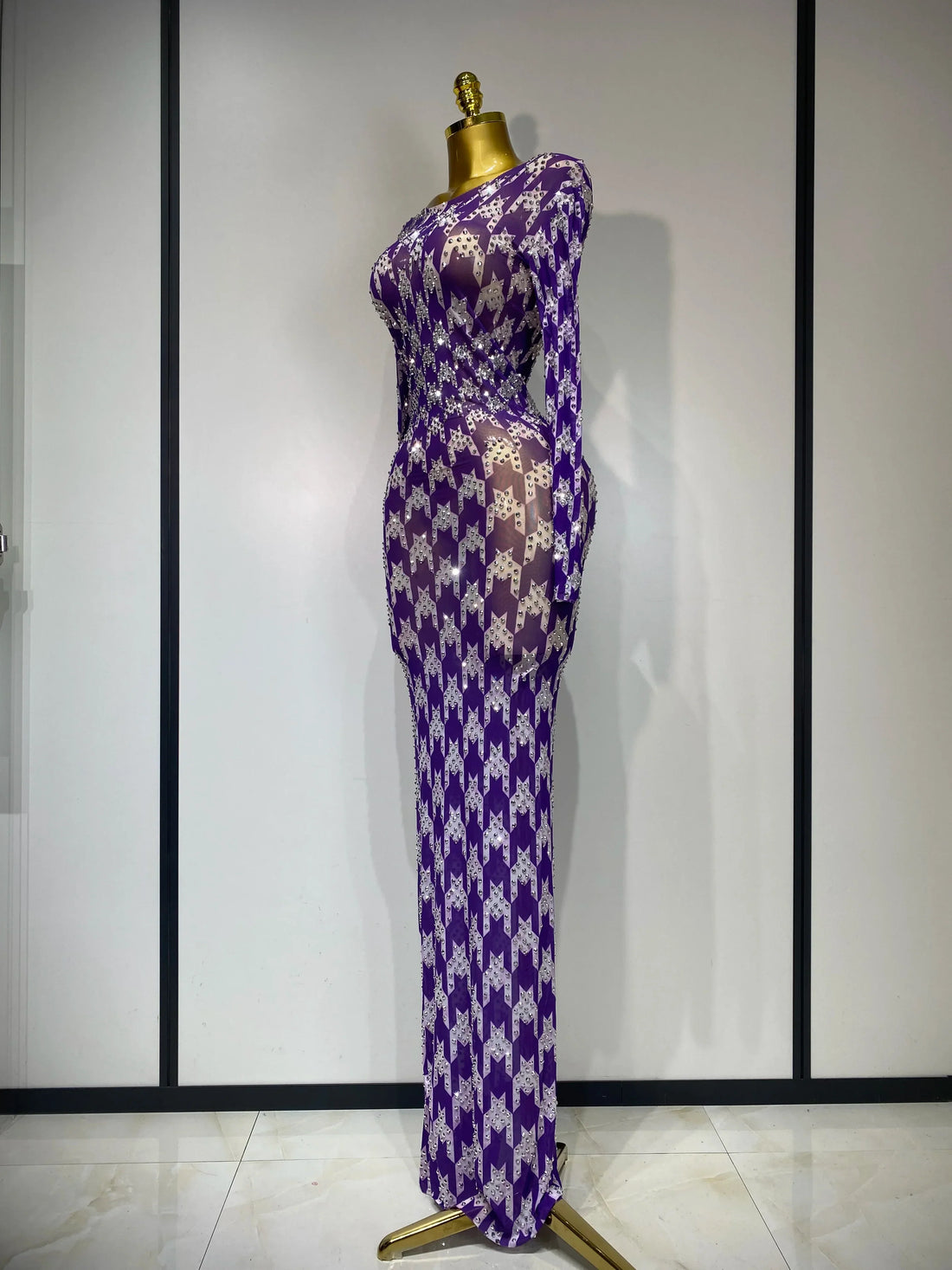 Sparkly Rhinestone Stretchy Mesh See Through Dress Women Performance Dancer Costume Luxury Birthday Nightclub Stage Outfit