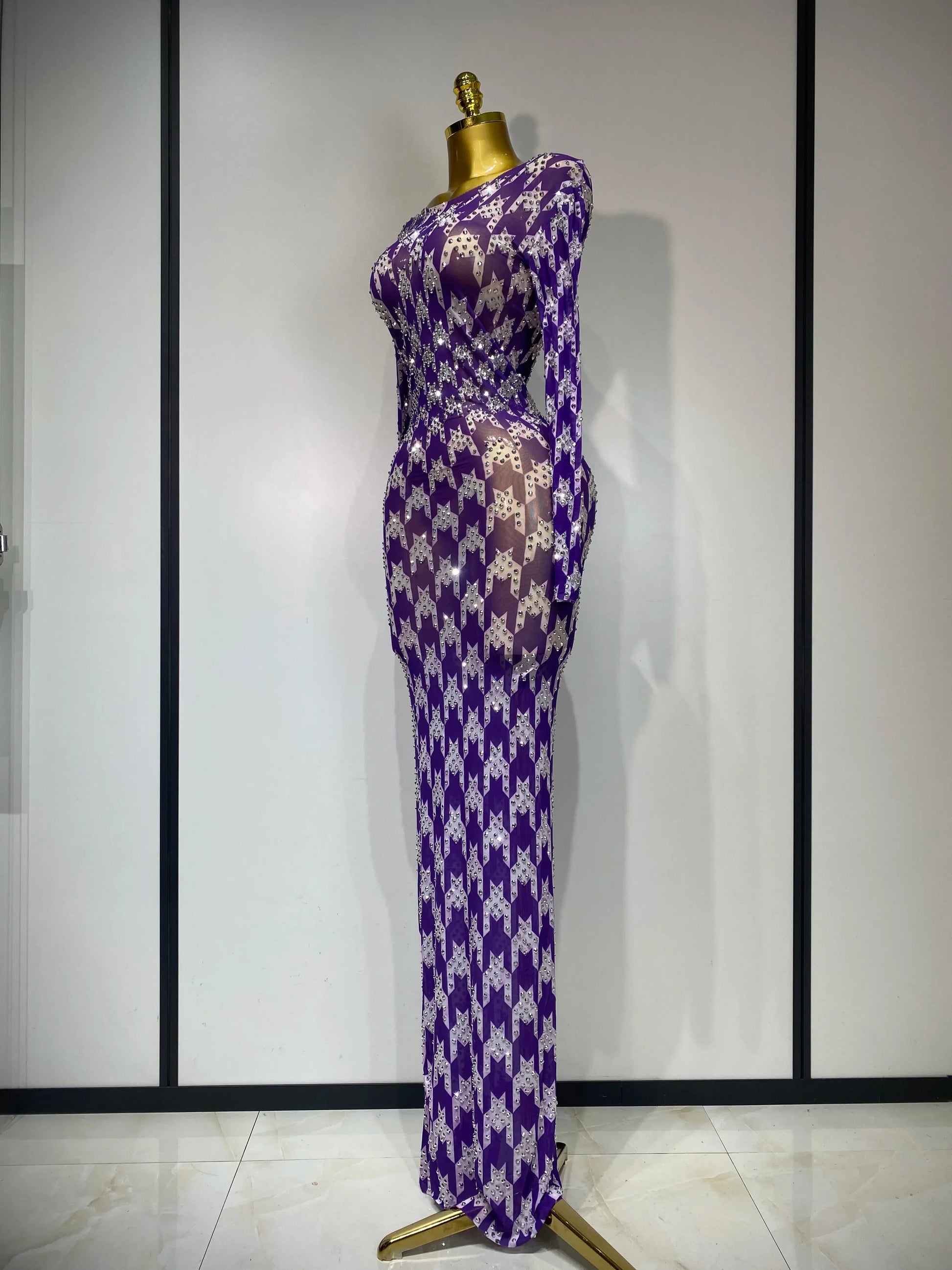 Sparkly Rhinestone Stretchy Mesh See Through Dress Women Performance Dancer Costume Luxury Birthday Nightclub Stage Outfit