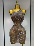 Women Sexy Backless See Through Sparkly Diamond Evening Prom Gown Luxury Birthday Celebrate Stage Nightclub Hotwife Outfit Light Brown