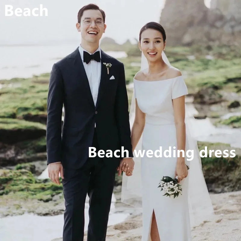 Vestido de noiva de praia sem alças fora de ombro de praia de cetim, vestidos de noiva sem costas, vestidos de mairee weddin