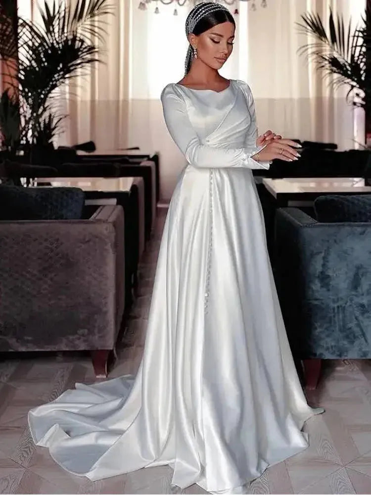 Muslim Wedding Dress | Muslim Wedding Dress Satin A Line Long Sleeve White Bridal Dress vestidos de novia Princess Wedding Gowns Plus Size Ivory 26w Satin