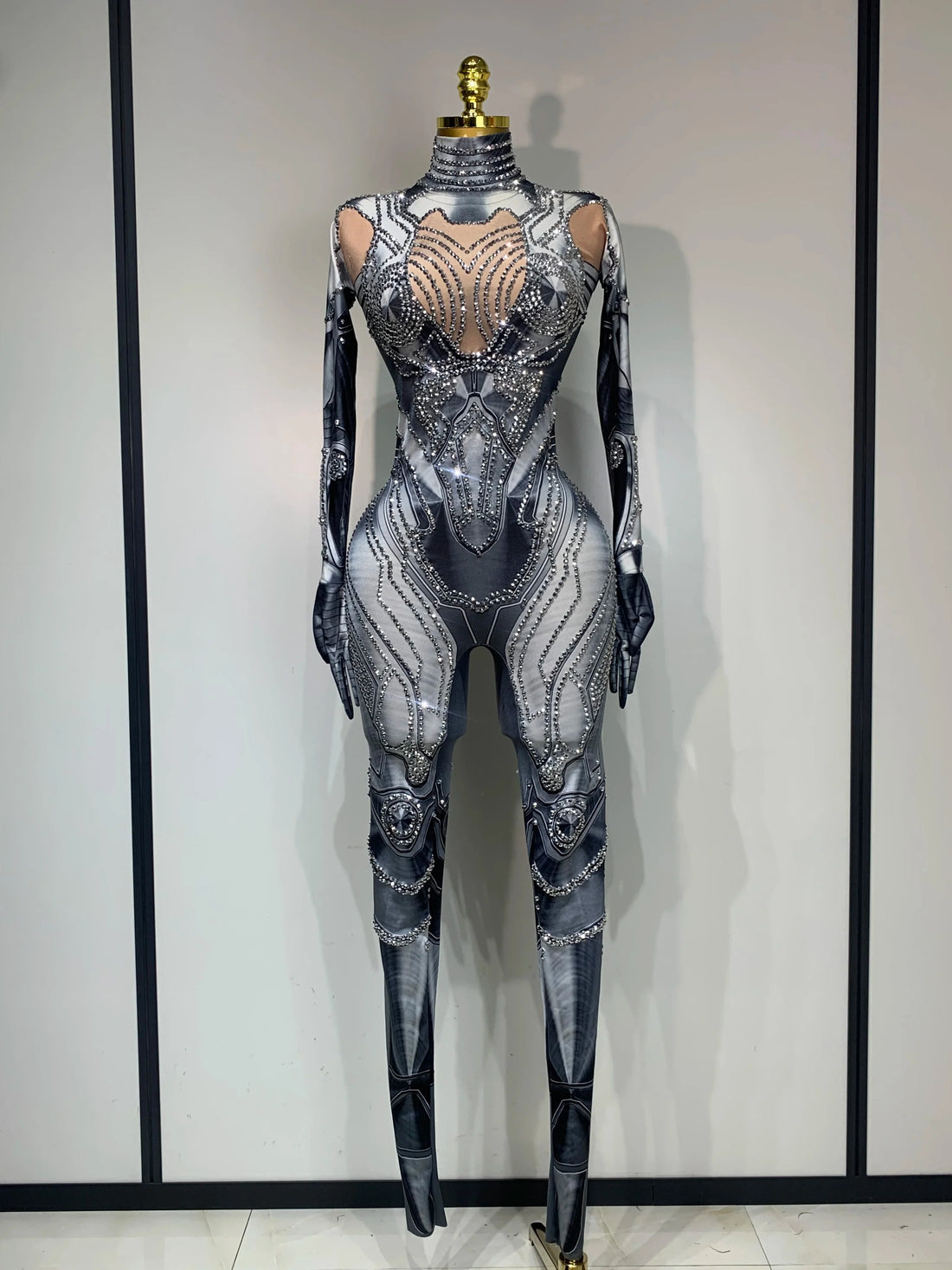 Sexy Stretchy Performance Dance Nightclub Rompers Singer Stage Wear Sparkly Rhinestones Jumpsuit Gloves for Women Costume GRAY