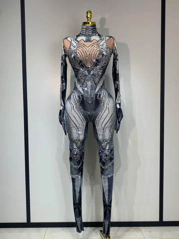 Sexy Stretchy Performance Dance Nightclub Rompers Singer Stage Wear Sparkly Rhinestones Jumpsuit Gloves for Women Costume GRAY
