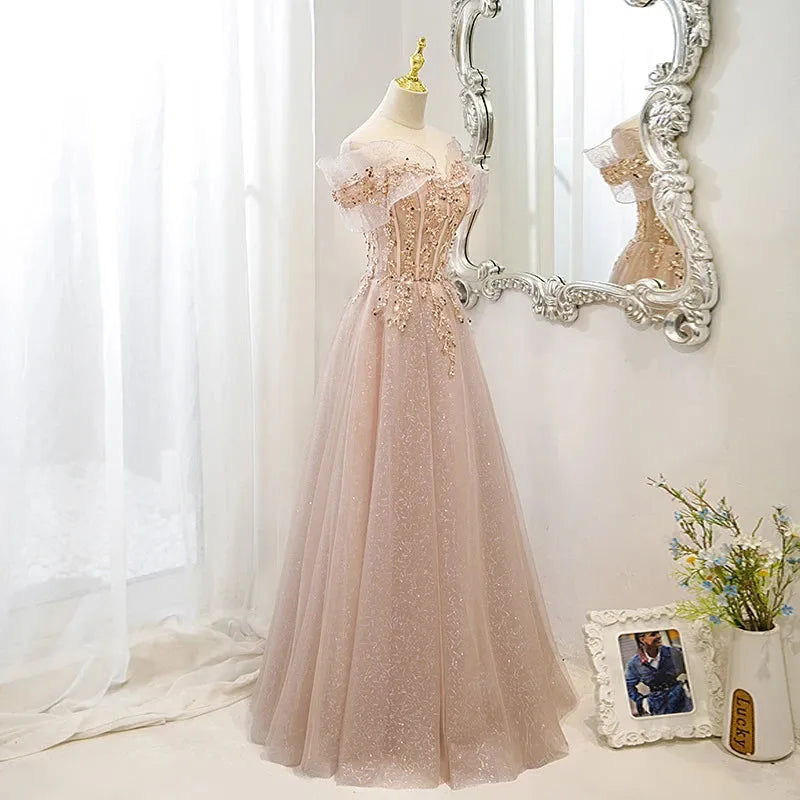 Luxury French Pink Strap Boatneck Bride Wedding Dress Sexy Off Shoulder Ball Gown Wedding Evening Prom Women Dresses