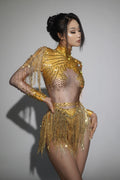 Sparkly Rhinestone Sequin Tassel Stretch Bodysuits Women Birthday Party Nightclub Dj Stage Performance Costume Gold