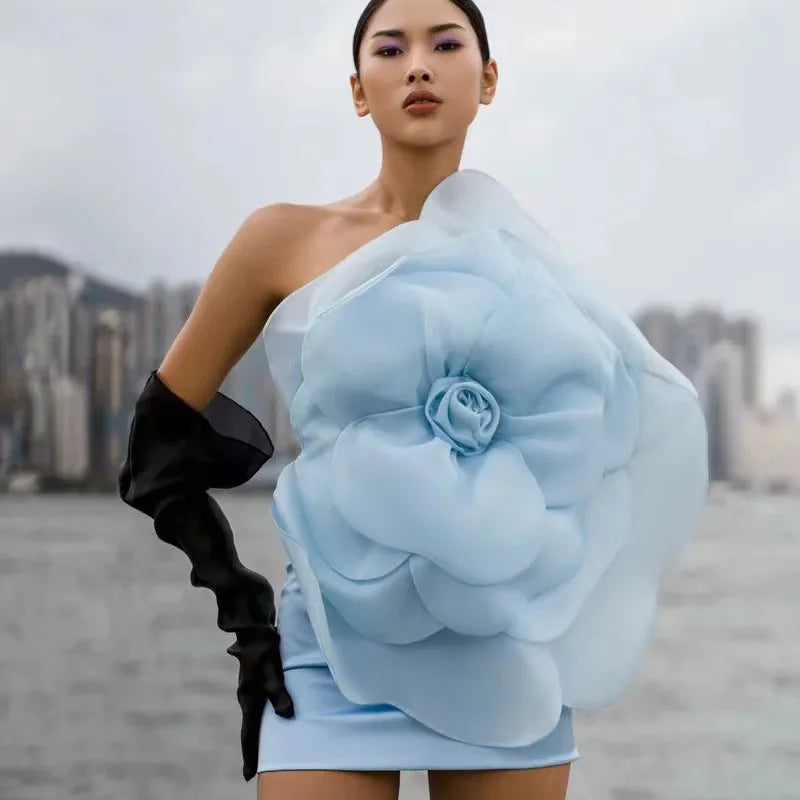 Summer Women'S Dress Sexy One Shoulder Sleeveless 3D Mesh Flower Patchwork Satin Mini White Wedding Dress