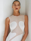Cool Fashion Black White Sheer Mesh Sleeveless O-Neck Ankle Dress for Party Date Night Evening Gown
