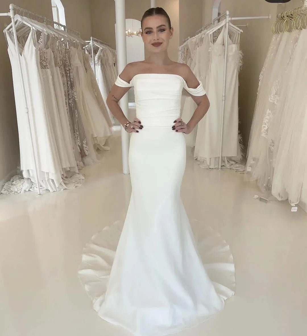 Mermaid Strapless Wedding Dress Short Sleeve Satin Sweep Train Bridal Gowns Customize To Measures Robe Mariee Satin Civil White 14w
