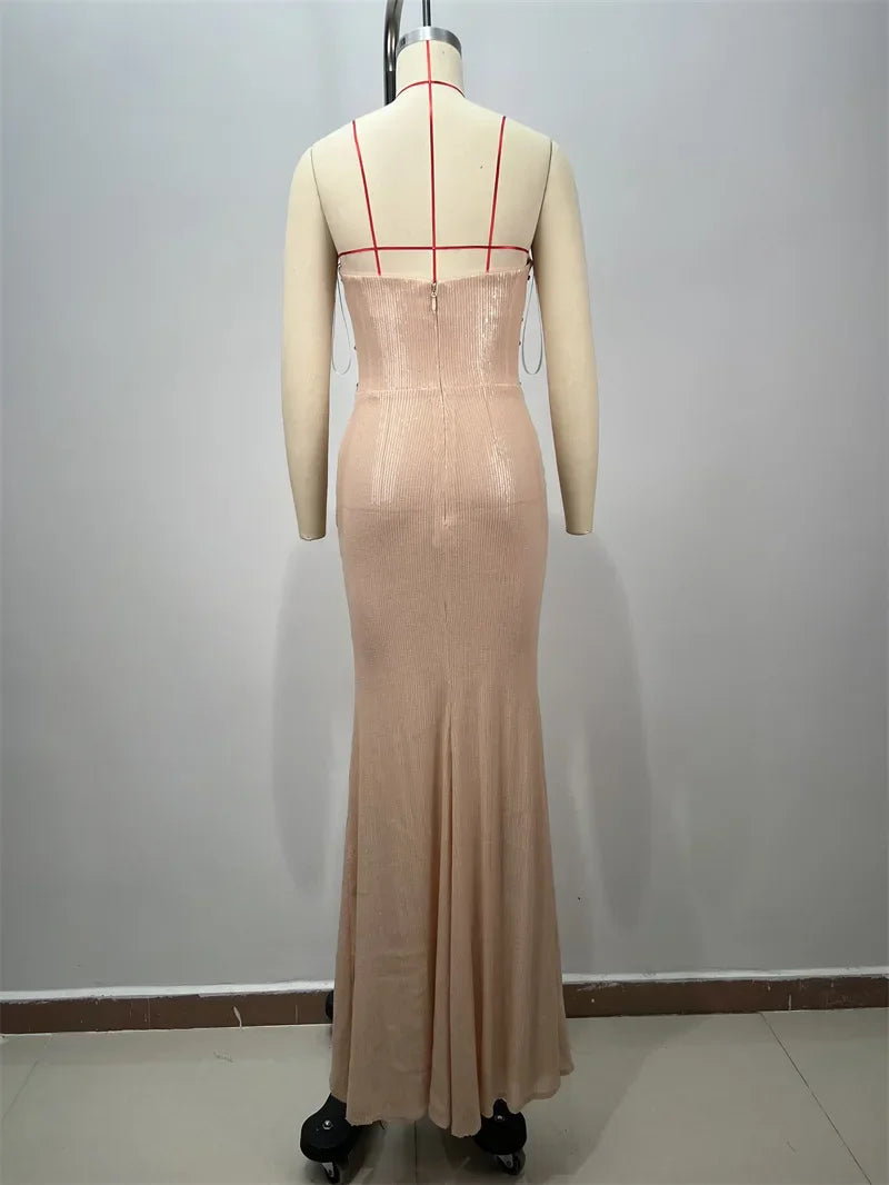 Shining Sequin Sexy Mesh See Through Strapless Ankle Length Dress Woman Evening Party Dress Celebrity Party Vestido