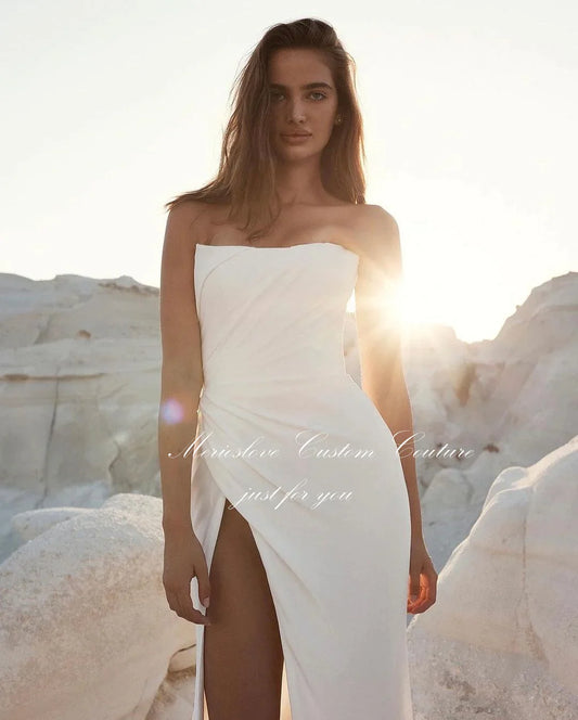 Simple Soft Satin Mermaid Wedding Dresses Strapless Sleeveless Side Split Beach Bride Dress robe de mariée
