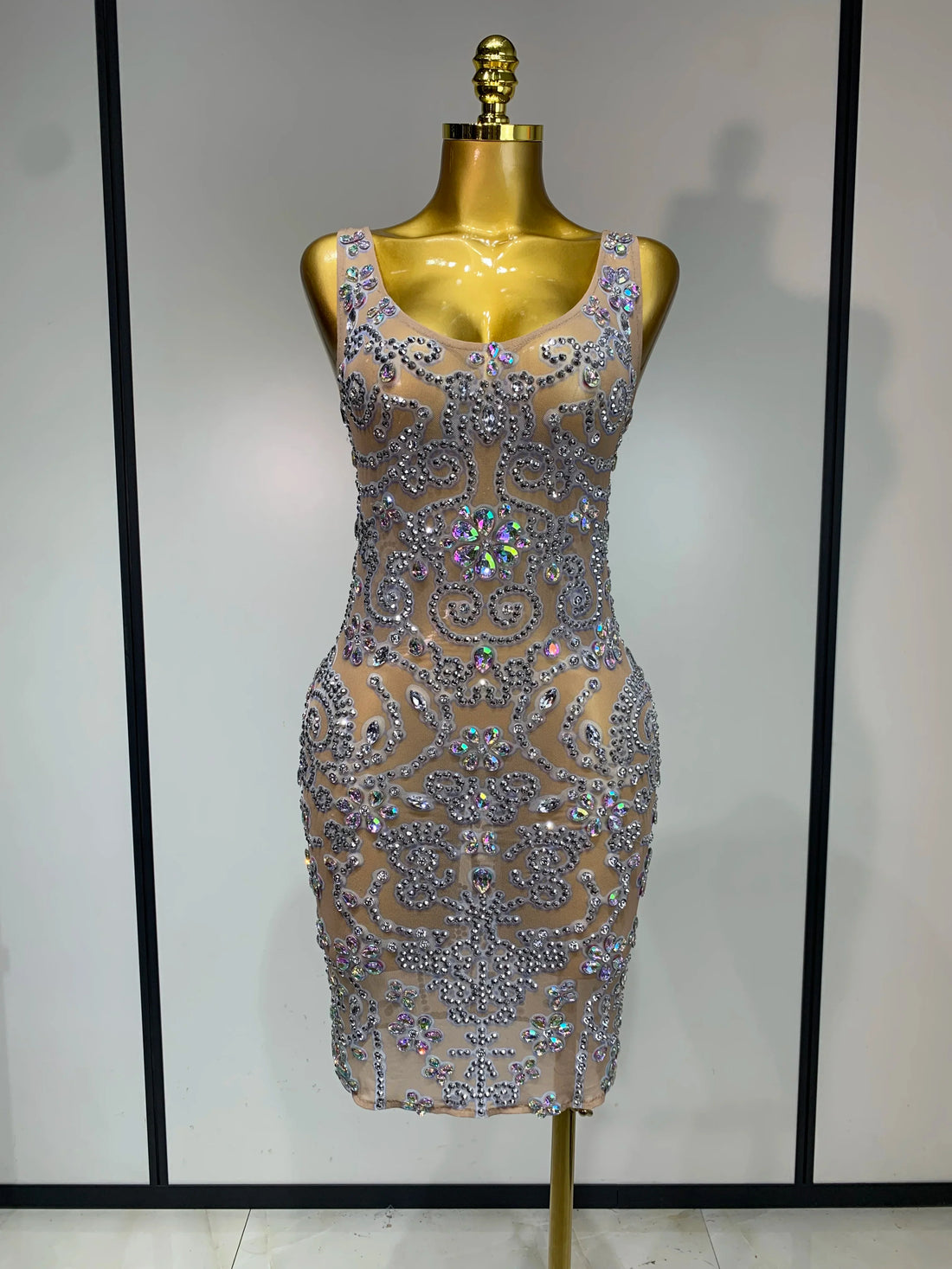 Celebrity Elegant Party Sparkly Rhinestones Transparent Mesh Short Dress Luxury Birthday Nightclub Outfit Perform Stage Costume Beige