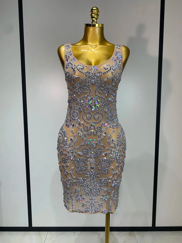 Celebrity Elegant Party Sparkly Rhinestones Transparent Mesh Short Dress Luxury Birthday Nightclub Outfit Perform Stage Costume Beige