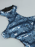 Blue Shiny Sequined Hatler Evening Dress Backless Cut Out Sleeveless Prom Bodycon Wedding Party Cocktail Evening Gown Vestido