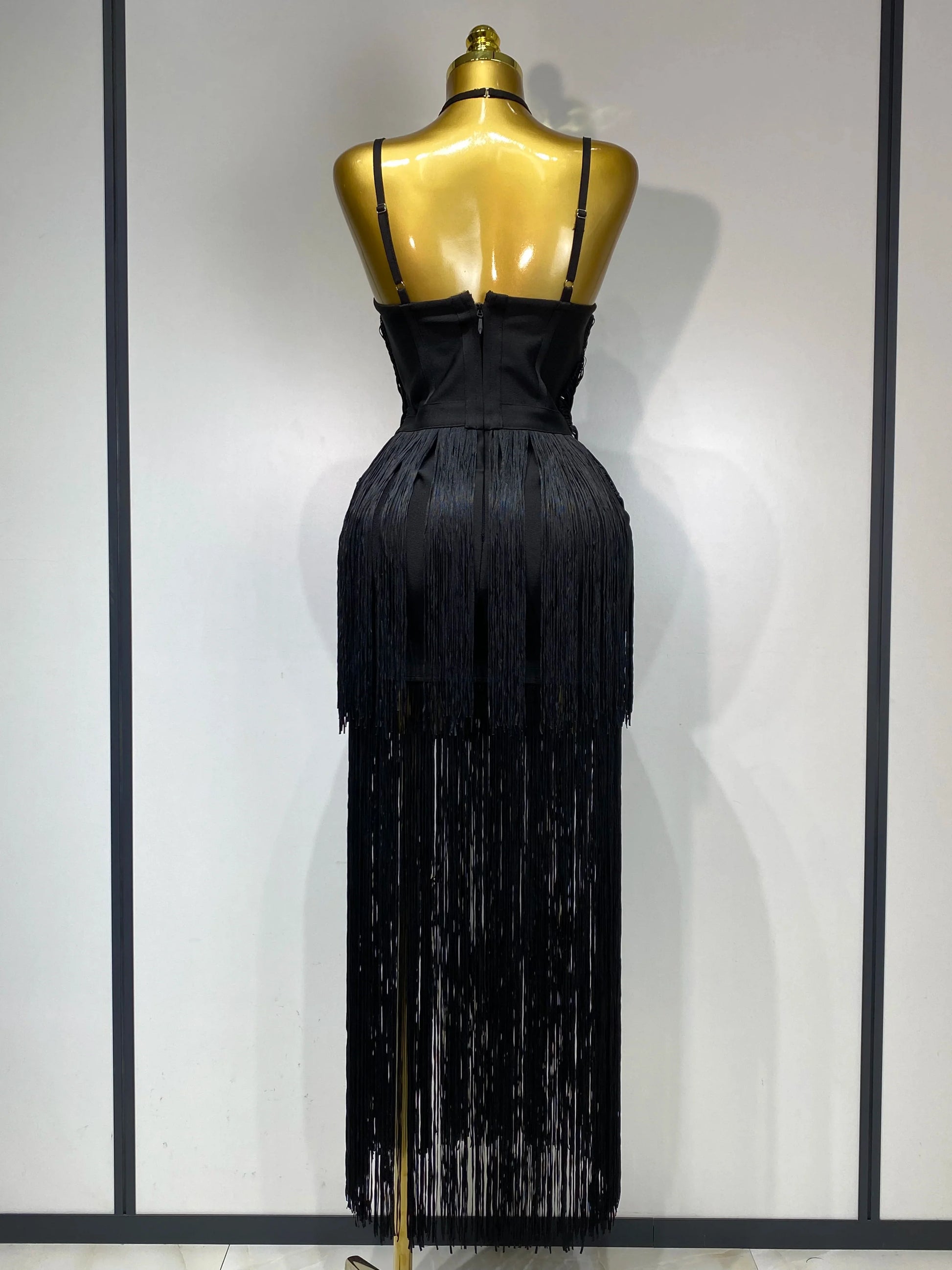 Women Sexy Backless Tassel Black Ankle Bodycon Bandage Dress Celebrity Elegant Evening Club Luxury Birthday Party Dresses