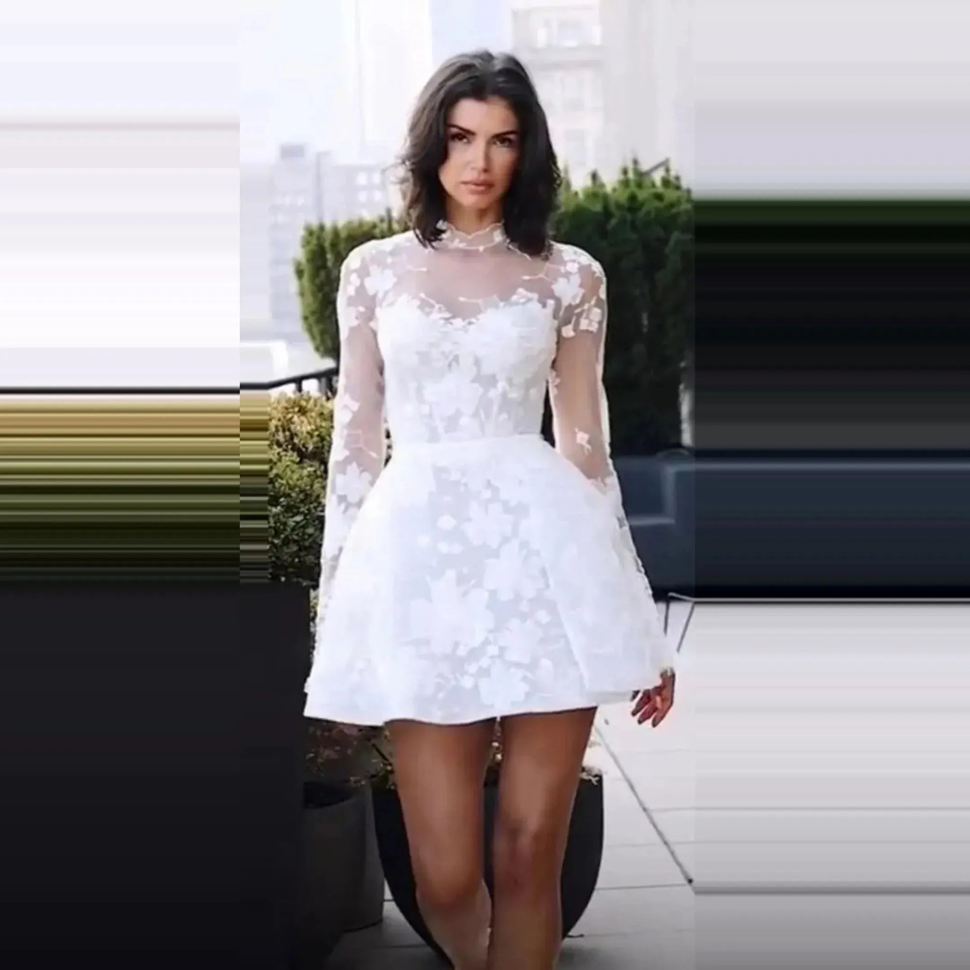 High Neck Mini Wedding Dress Long Sleeve Bridal Gown Illusion Robe De