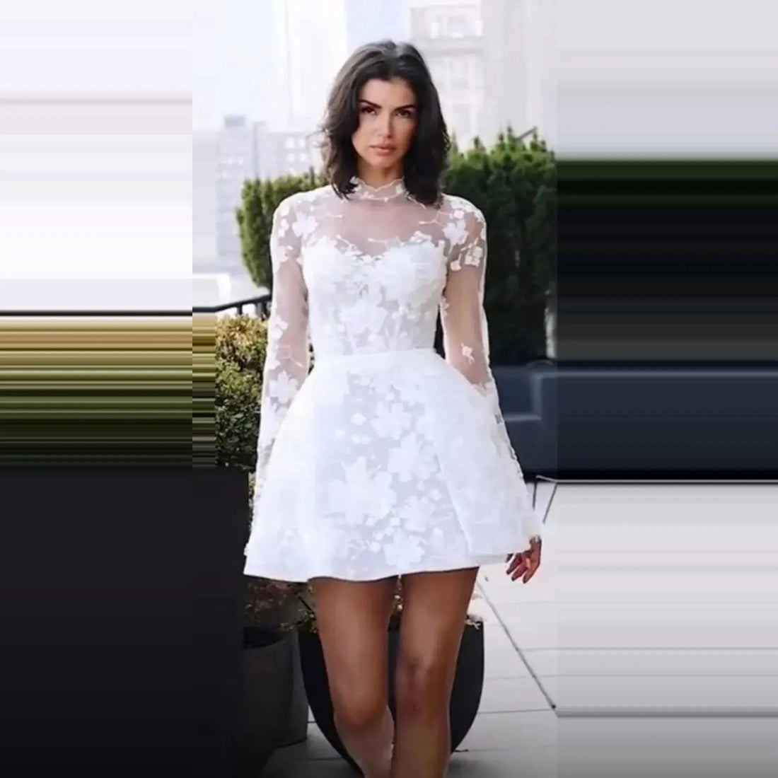 High Neck Mini Wedding Dress Long Sleeve Bridal Gown Illusion Robe De Mariée Lace Applique Tull Bride Party Dress 26w Short Wedding Dress