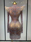 Women Shiny Rhinestones Mesh Transparent Mini Dress Luxury Birthday Celebrate Photoshoot Dress Singer Stage Drag Queen Costume