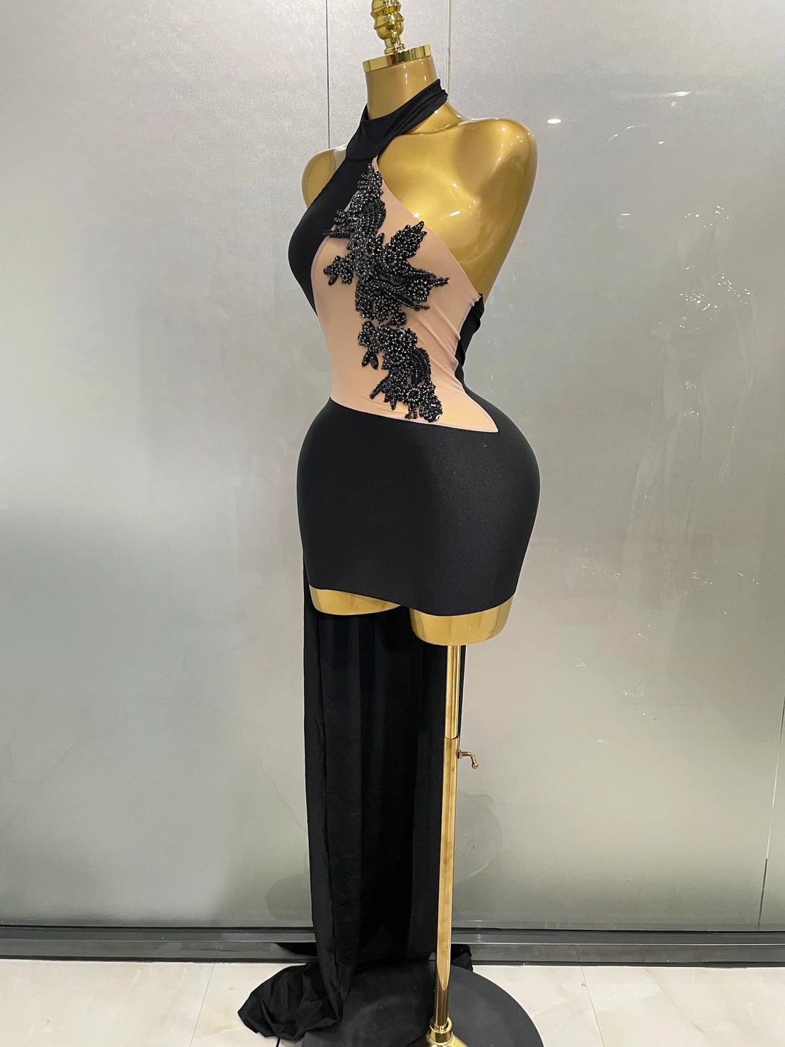 Sexy Sparkly Beaded Mesh See-Through Backless Cocktail Short Dress Women Evening Prom Celebrate Birthday Party Stage Costume black