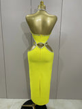 Luxury Sexy Backless Halter Beading Maxi Long Lemon Yellow Bandage Dress Women Elegant Evening Club Birthday Party Dress