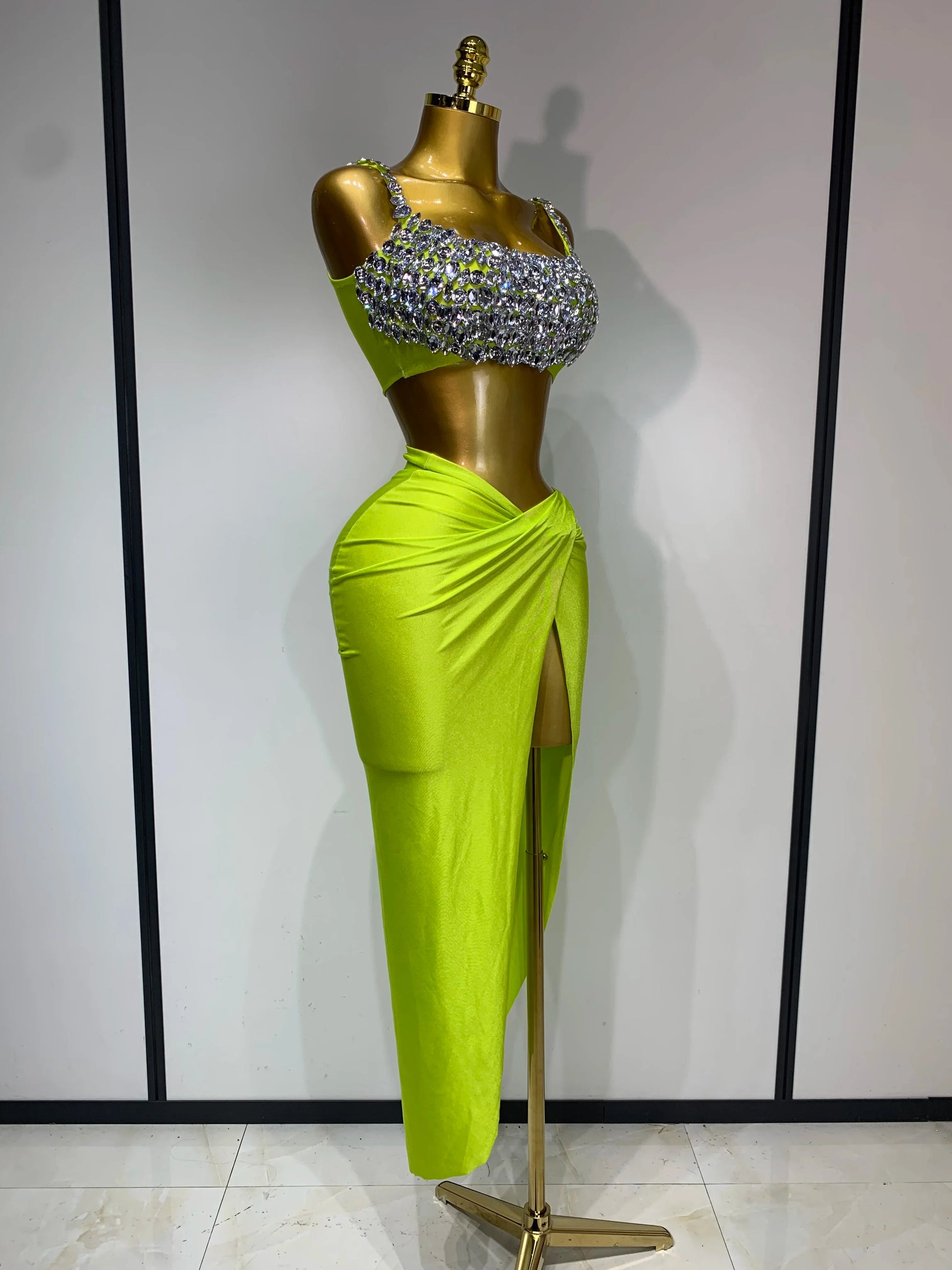 Women Sexy Sparkly Rhinestone Two Pieces Set Stretched Nightclub Skirt Suits Birthday Singer Dancer Stage Performance Costume