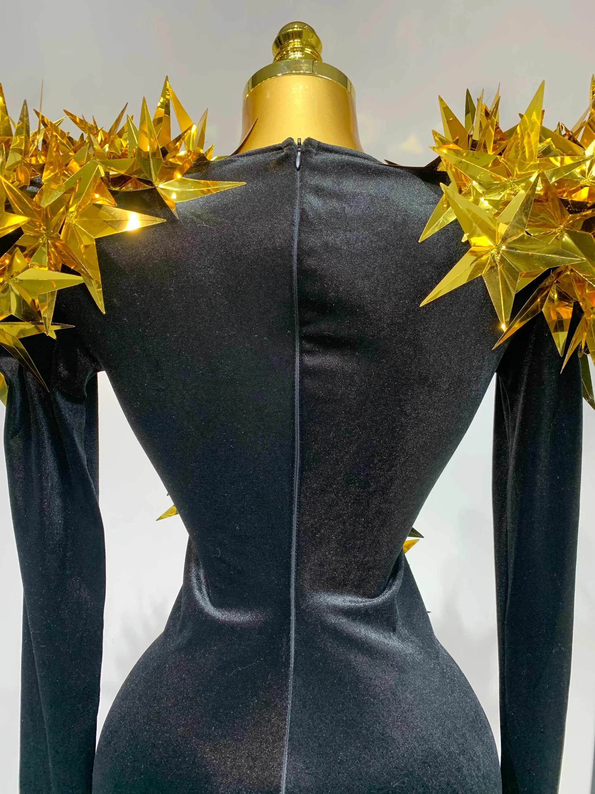 Women Sparkly Gold Rhinestone Black Velvet Long Sleeve Bodysuit Evening Party Club Gala Hosts Night Club Bar Stage Costumes