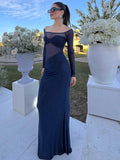 Elegant Sequin Embellished Off-Shoulder Mesh Maxi Dress for High-End Weddings Evening Gown