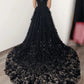 Handmade Lace Embroid Prom Dress Gothic Party Dresses 3D Flower Evening Dress Black Tulle Sweep Train فستان سهرة