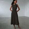 Listing Elegant Striped Knit Dress Women O-neck Sleeveless A-line Dresses Club Evening Party Midi Vestido black
