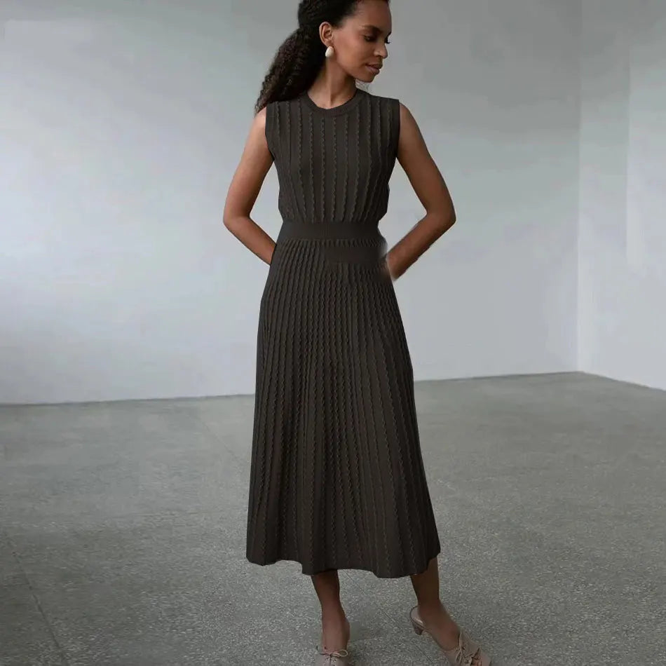Listing Elegant Striped Knit Dress Women O-neck Sleeveless A-line Dresses Club Evening Party Midi Vestido black