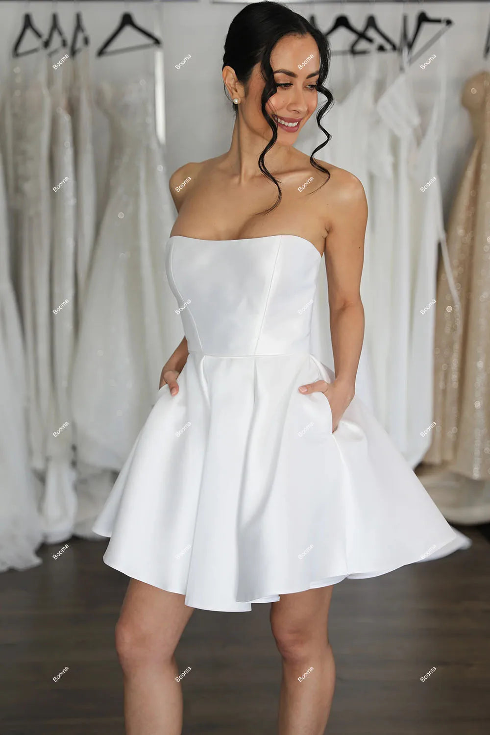 Robe de mariée courte trapèze Simple, sans bretelles, robe de soirée pour femmes, au-dessus du genou, robes de bal avec poche, robe de Cocktail
