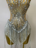 Sliver Sequins Shining Diamonds Sexy Mesh Long Tassel Bodysuit Women Nightclub Party Birthday Stage Performance Costume