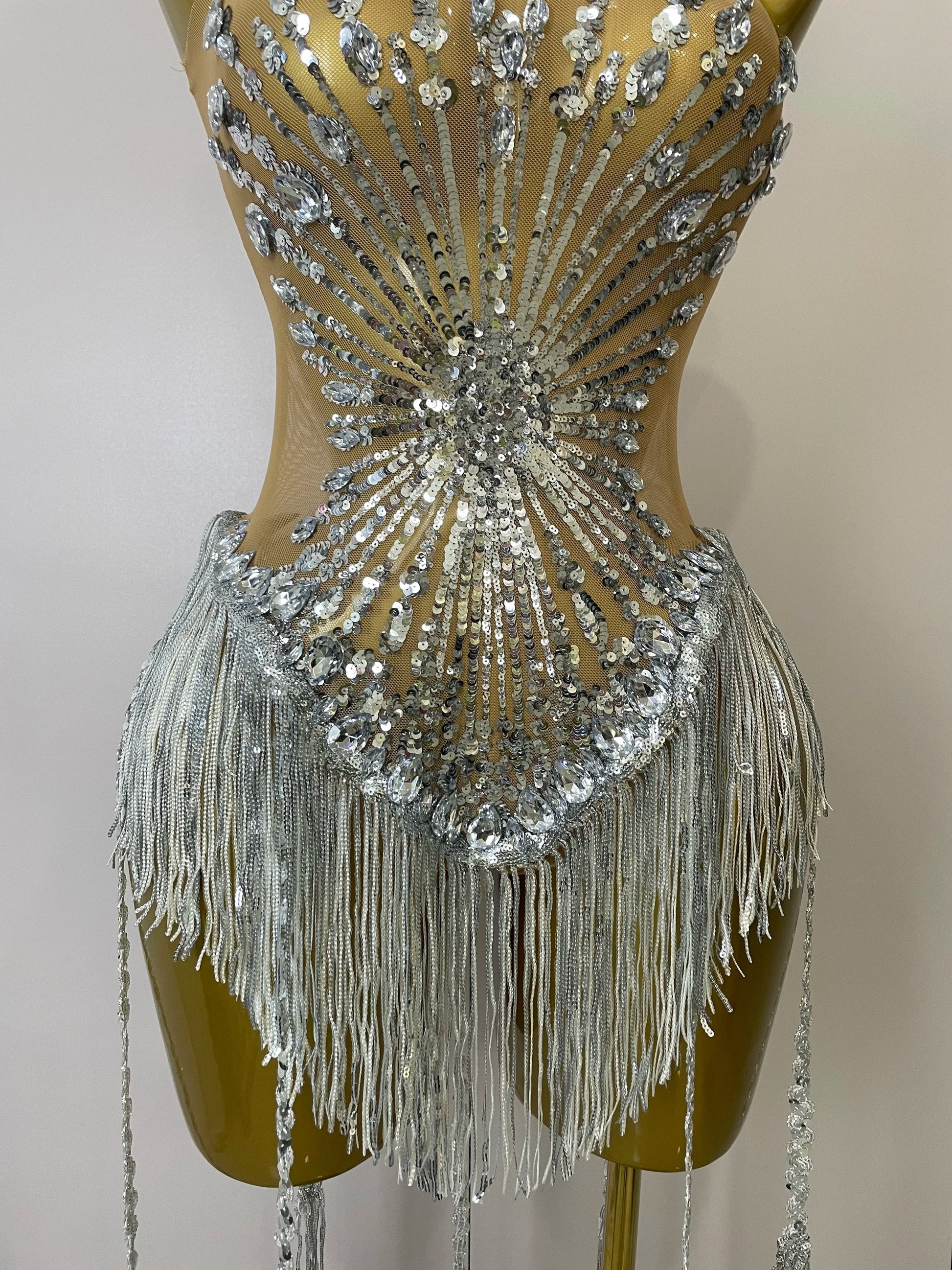 Sliver Sequins Shining Diamonds Sexy Mesh Long Tassel Bodysuit Women Nightclub Party Birthday Stage Performance Costume