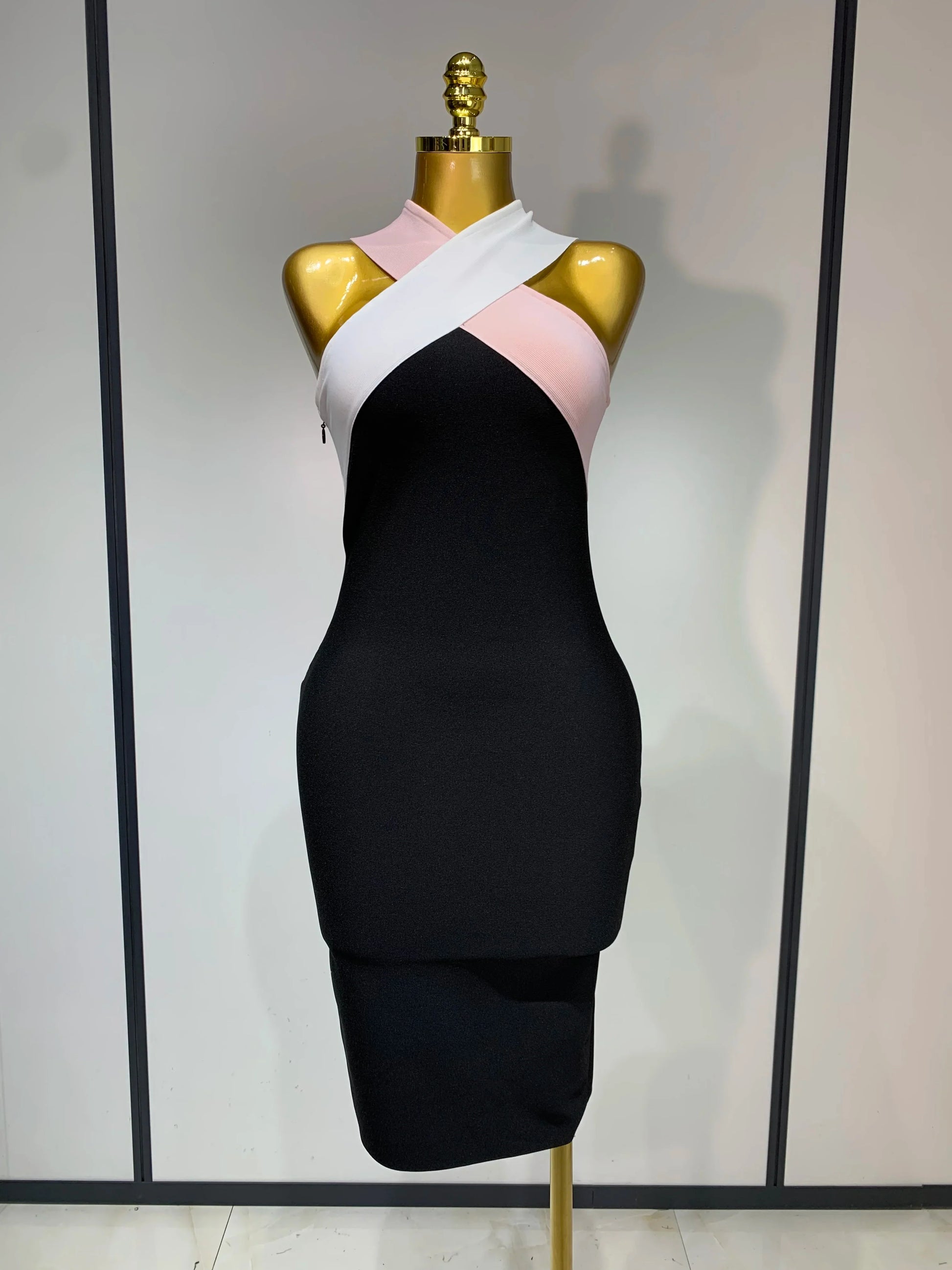 Women Sexy Backless Patchwork Bodycon Bandage Dress Celebirty Elegant Evening Party Carnival Luxury Birthday Dresses black