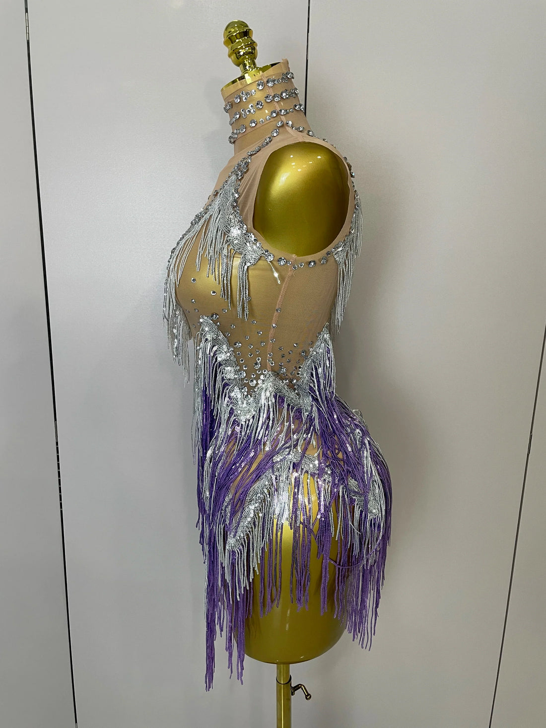 Women Sexy Stretch Mesh Sparkly Rhinestone Tassels Mini Dress Nightclub Singer Dance Stage Costume Evening Gowns PURPLE