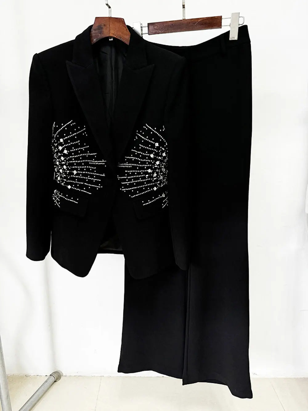Elegant Women's Light Luxury Diamond Design Suit Pants Set with Collar Long Sleeve Slim Fit Suit Coat+Two Piece Pants Set black