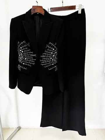 Elegant Women's Light Luxury Diamond Design Suit Pants Set with Collar Long Sleeve Slim Fit Suit Coat+Two Piece Pants Set black