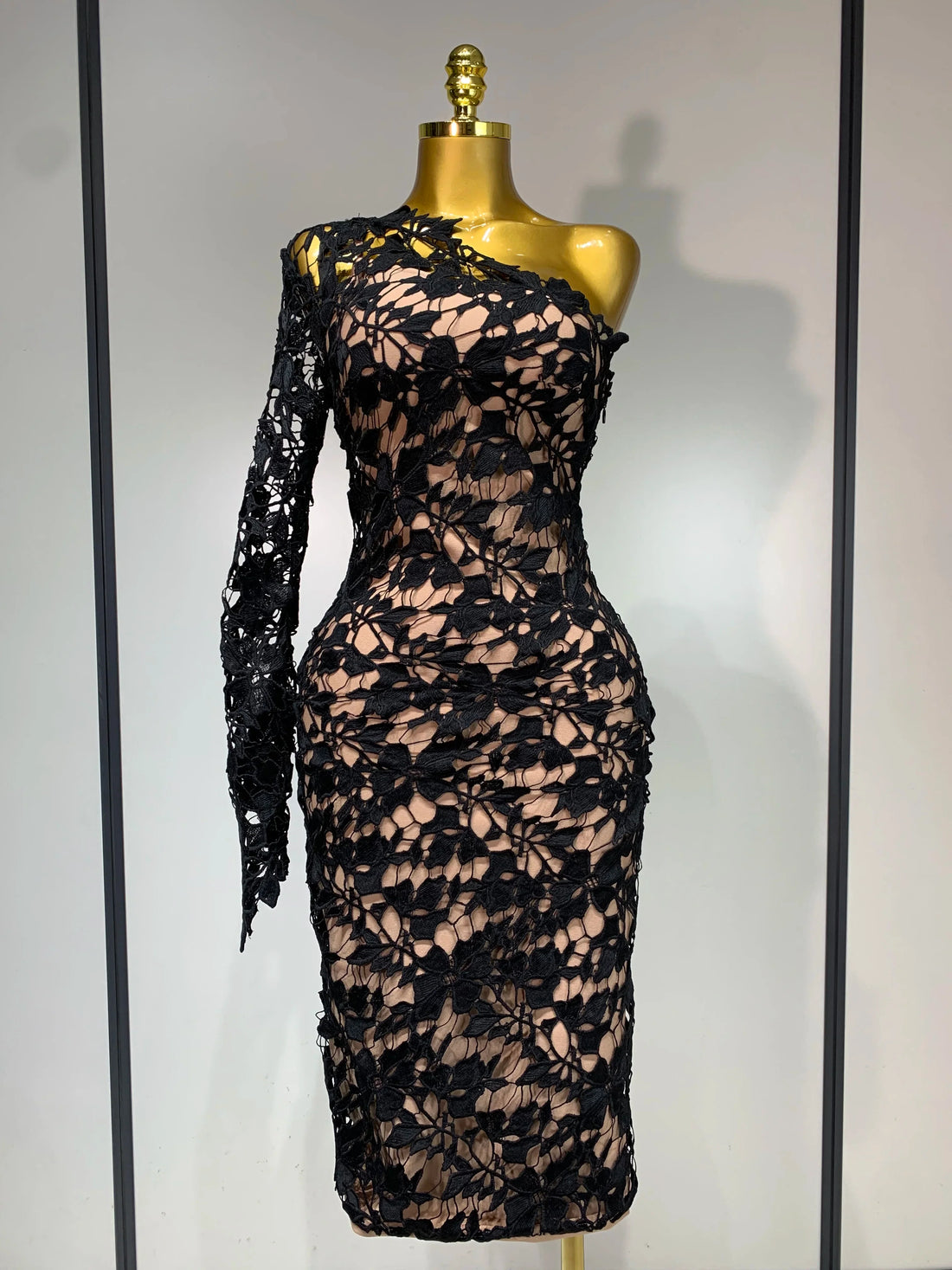 Women Sexy Lace Patchtop Bandage Dress Diagonal Collar Single Shoulder Long Sleeve Bodycon Dress Party Luxury Birthday Dresses black