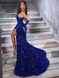 Luxury Blue Strapless Mermaid Prom Dress Sequined Sweetheart Neck Rhinestones High Slit Cocktail Evening Gowns with Gloves