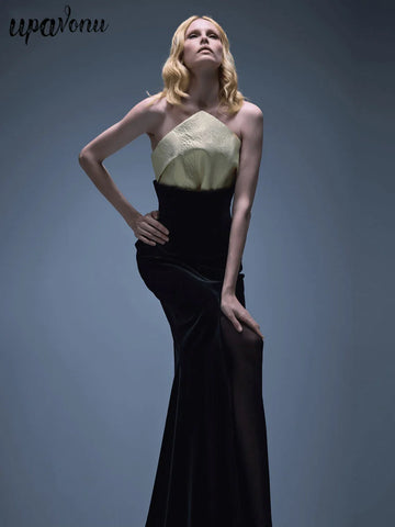 UpAvonu Elegant Strapless Patchwork Velvet Mermaid Long Dress Women Sexy Sleeveless Folds Slim Evening Runway Party Gown