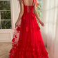 Red Prom Dresses Flora Appliques Vestidos De Noche Spaghetti Strap Sleeveless Lace-Up Back Sexy Side Split Birthday Dress