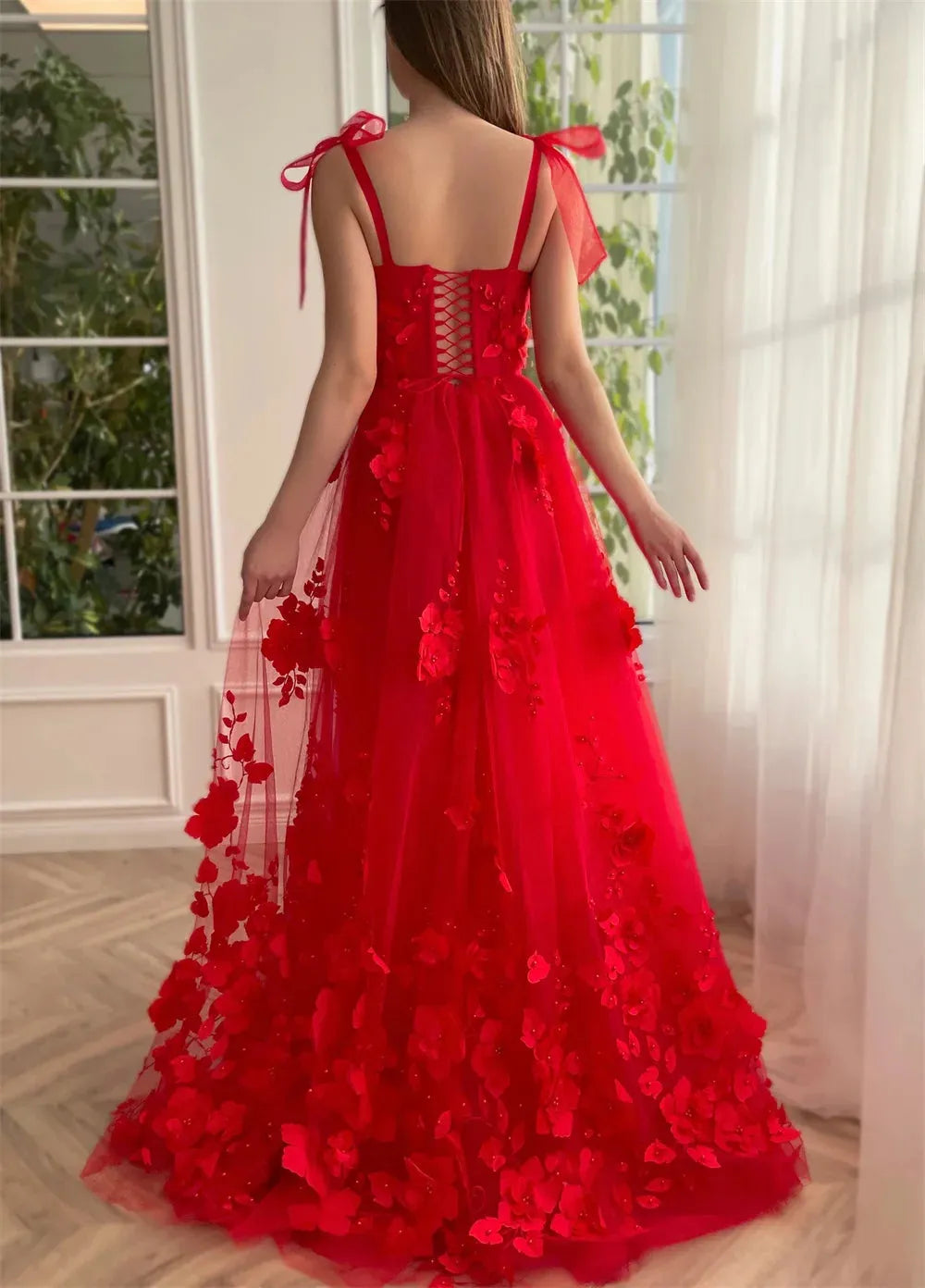Red Prom Dresses Flora Appliques Vestidos De Noche Spaghetti Strap Sleeveless Lace-Up Back Sexy Side Split Birthday Dress as pic