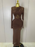 Women Elegant Brown Mesh Fold Long Sleeve Bodycon Dress Evening Party Club Sexy Perspective Fashion Luxury Birthday Dresses Dark Brown