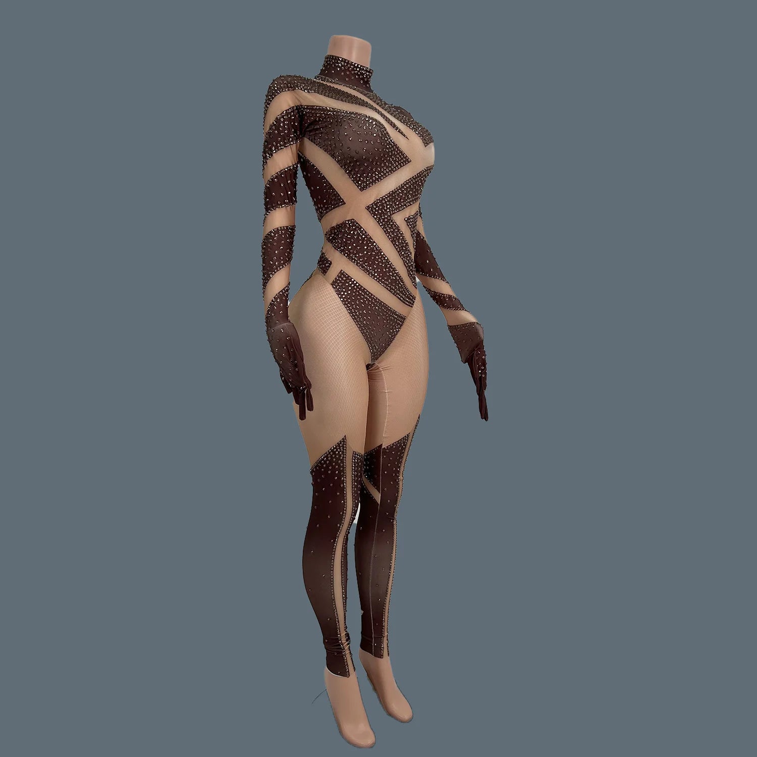 Women Long Sleeve Rhinestone Spandex Jumpsuit Birthday Prom Costume Nightclub Stage Performance Bodycon Rompers Hot Design Jimu