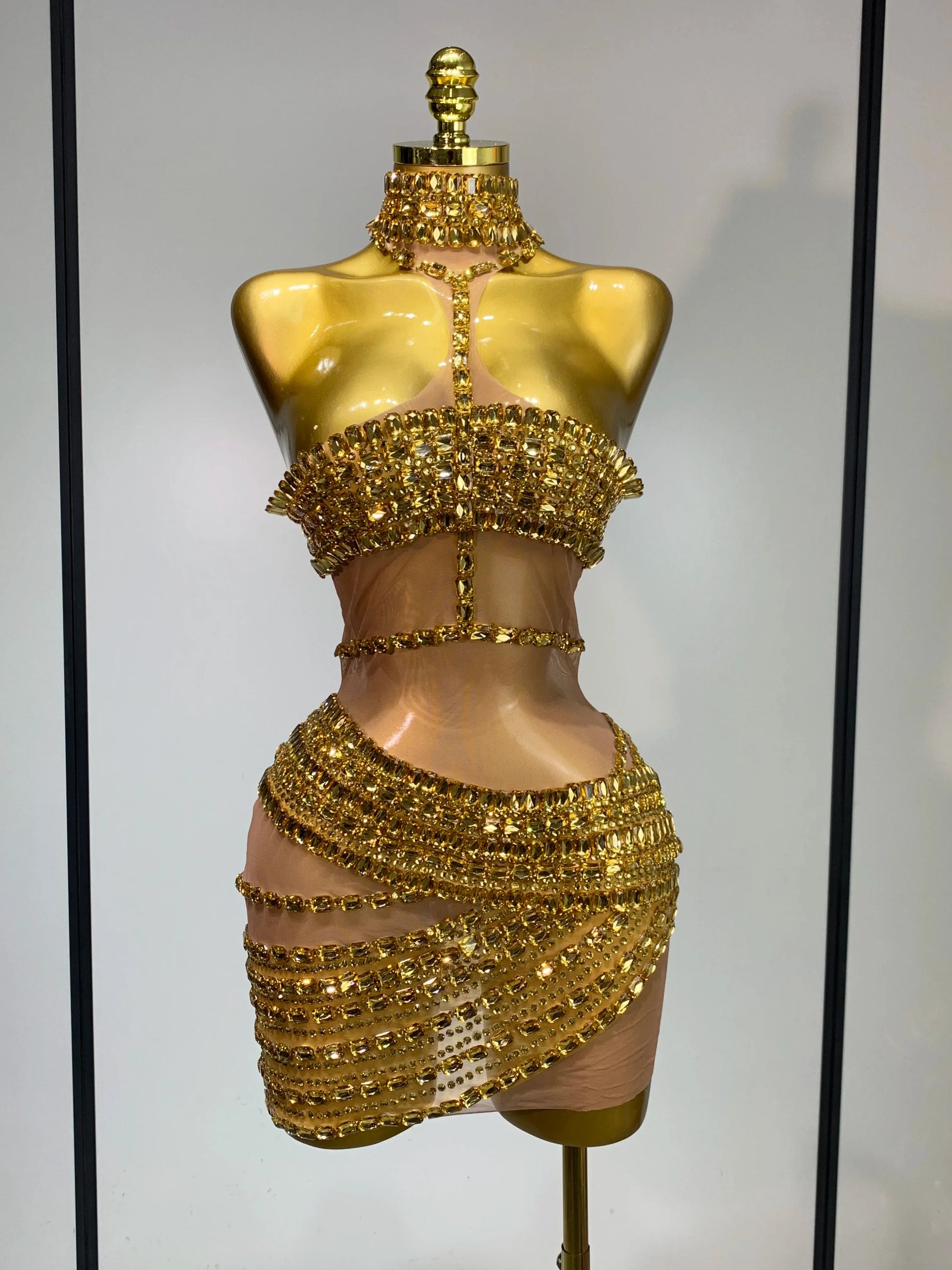 Sparkly Red Rhinestone Mini Dress Womer Sexy Mesh Birthday Wedding Party Prom Gowns Drag Queen Costume Singer Stage Outfit Gold