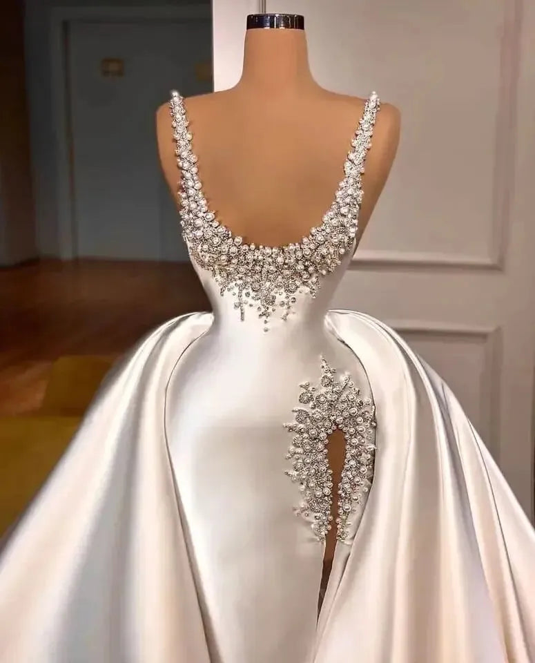 Luxury Beads Mermaid Pearls Bridal Gown with Detachable Train Side Split Wedding Dresses For Women Custom Made Vestido De Novia Ivory 14w