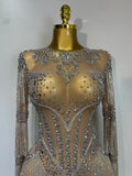 Women Sexy Mesh See Through Performance Dance Nightclub Rompers Singer Stage Outfit Sparkly Rhinestone Bodysuit Birthday Wear