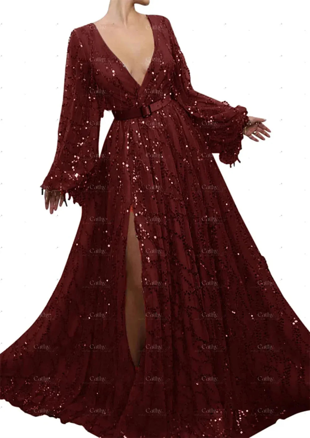 Glitter Sequins Evening Dress Puffy Sleeve Prom Dress With Belt Floor Length Vestidos De Fiesta Side Split فساتين حفلات Gold