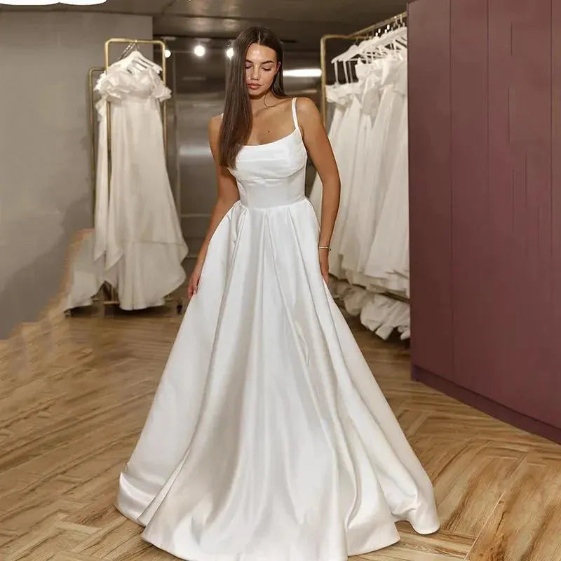 Elegant White A-Line Wedding Dresses Spaghetti Straps Satin Bridal Dress Boho Beach Customize To Measures Robe De Maries Ivory 14w