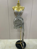 Sexy Strapless Sequin Top Short Skirt 2 pcs Set Women Party Celebrate Nightclub Singer Performance Stage Outfit Silver
